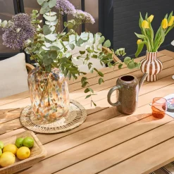 Conjunto de jardim com mesa em madeira de eucalipto e cordas com 8 cadeiras
