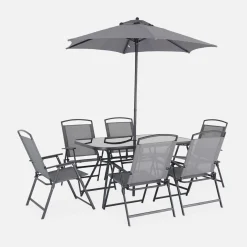 Conjunto de jardim com mesa em aço com 6 cadeiras e 1 guarda-sol