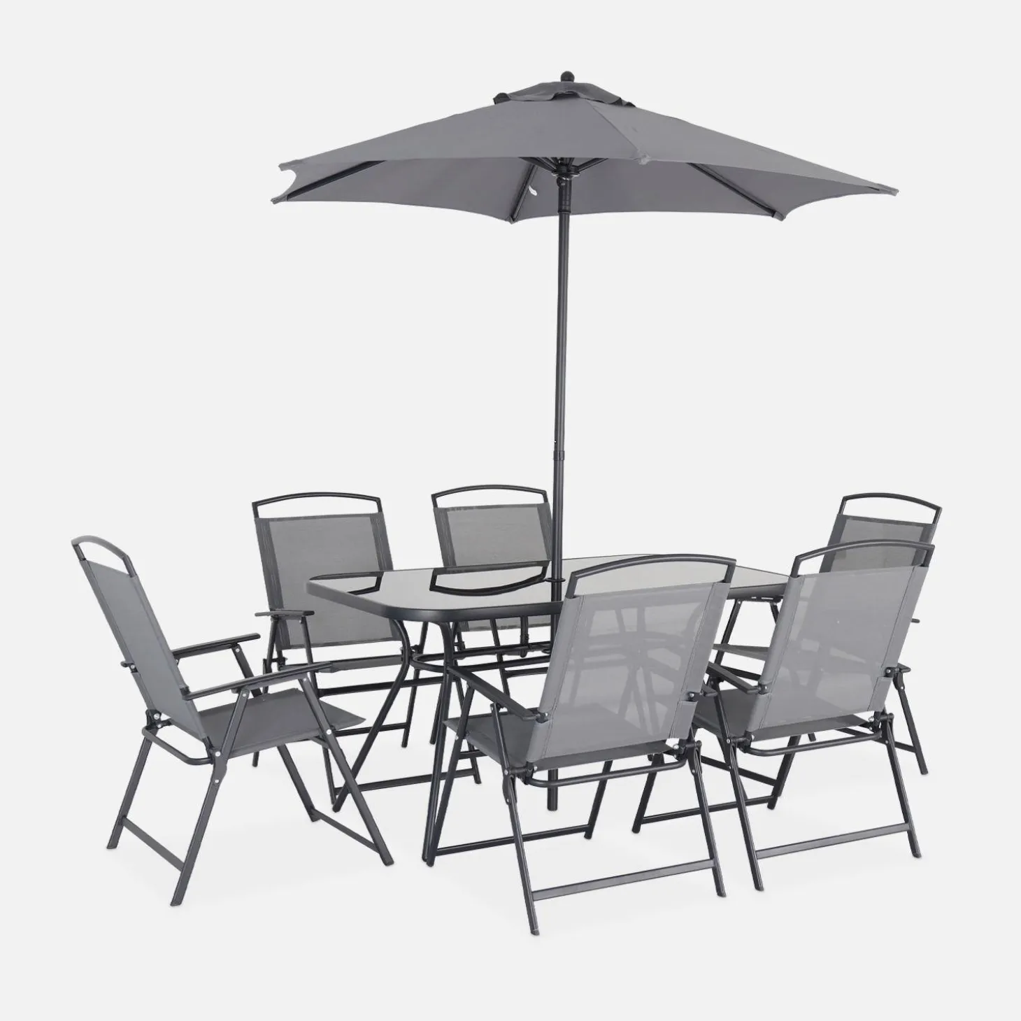 Conjunto de jardim com mesa em aço com 6 cadeiras e 1 guarda-sol