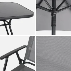 Conjunto de jardim com mesa em aço com 6 cadeiras e 1 guarda-sol