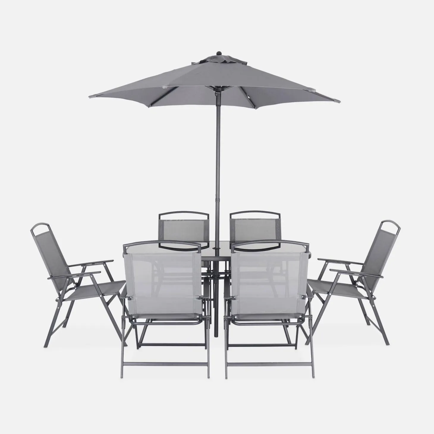 Conjunto de jardim com mesa em aço com 6 cadeiras e 1 guarda-sol