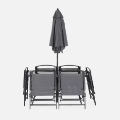 Conjunto de jardim com mesa em aço com 6 cadeiras e 1 guarda-sol