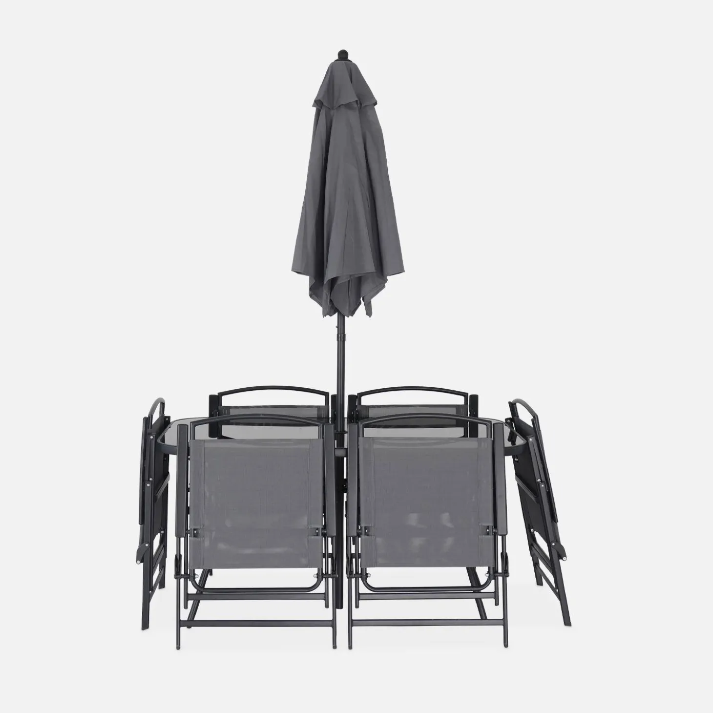 Conjunto de jardim com mesa em aço com 6 cadeiras e 1 guarda-sol