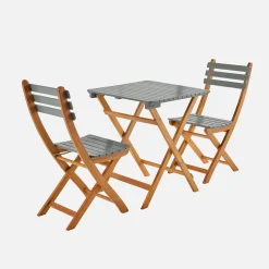Conjunto de jardim com mesa em madeira de acácia com 2 cadeiras dobráveis