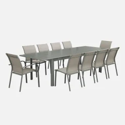 Conjunto de jardim com mesa extensível de alumínio com 8 cadeiras e 2 poltronas