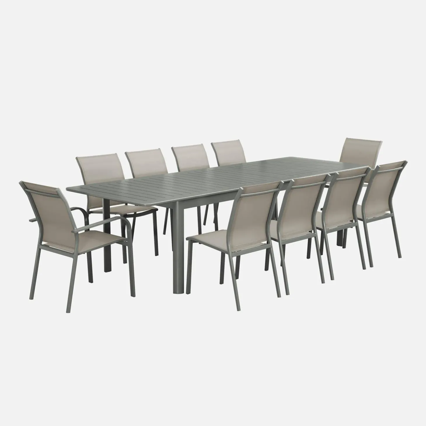 Conjunto de jardim com mesa extensível de alumínio com 8 cadeiras e 2 poltronas