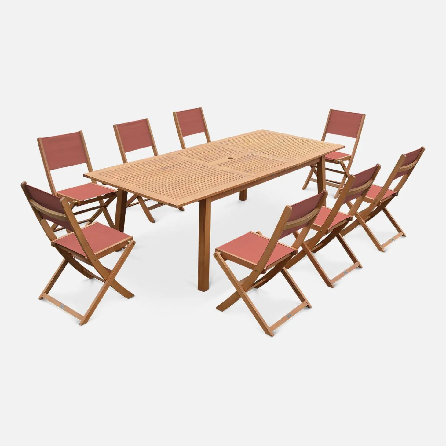 Conjunto de jardim com mesa extensível em madeira com 8 cadeiras