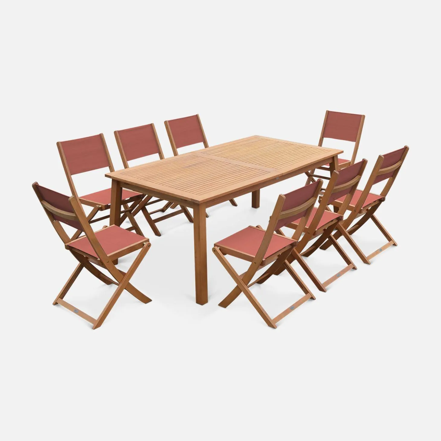 Conjunto de jardim com mesa extensível em madeira com 8 cadeiras