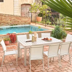 Conjunto de jardim com mesa extensível de alumínio com 6 cadeiras e 2 poltronas