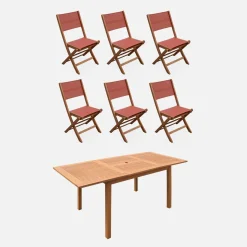 Conjunto de jardim com mesa extensível em madeira de eucalipto com 6 cadeiras