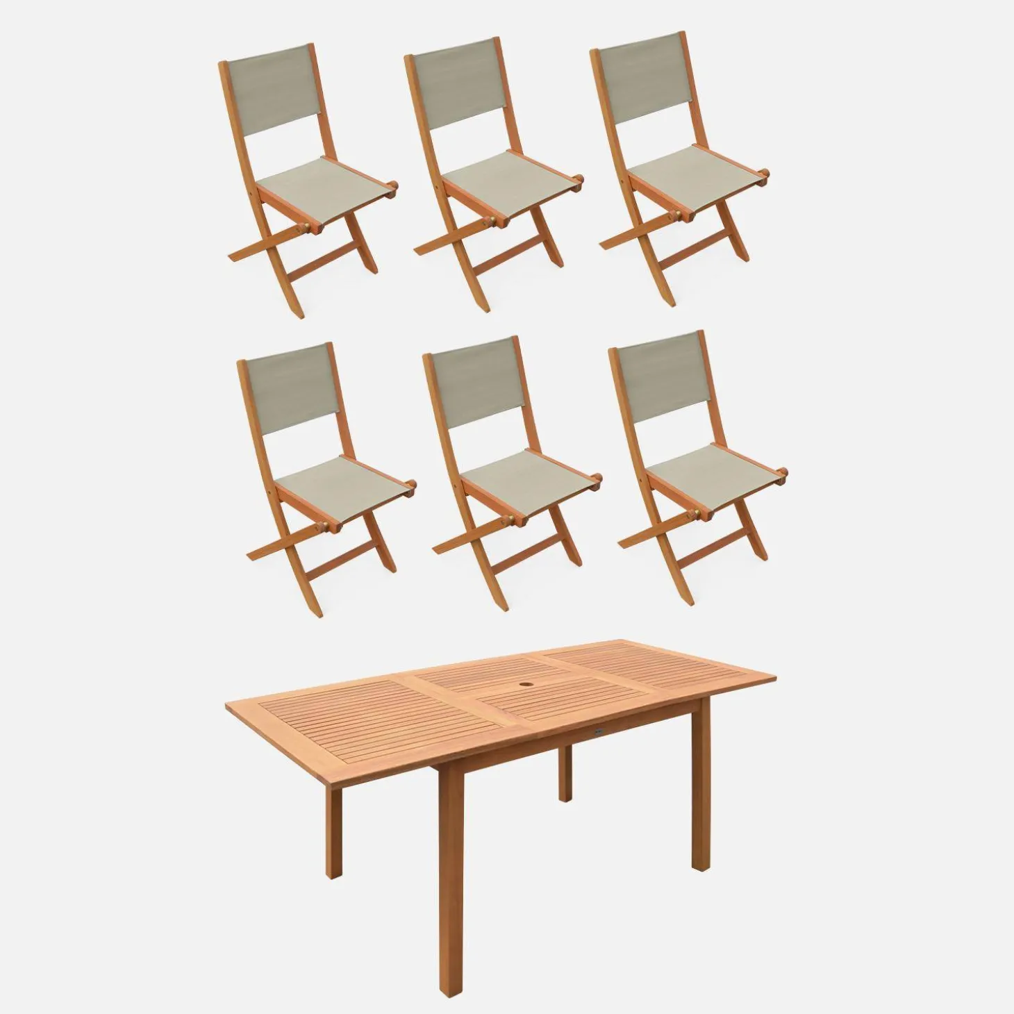 Conjunto de jardim com mesa extensível em madeira de eucalipto com 6 cadeiras