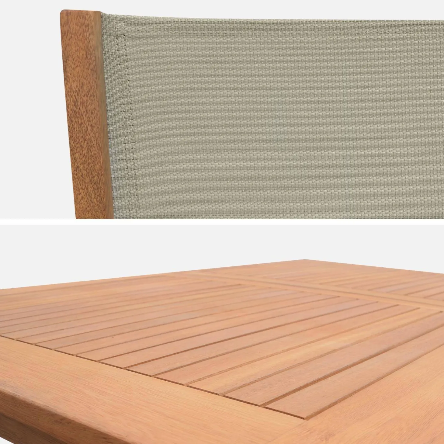 Conjunto de jardim com mesa extensível em madeira de eucalipto com 6 cadeiras
