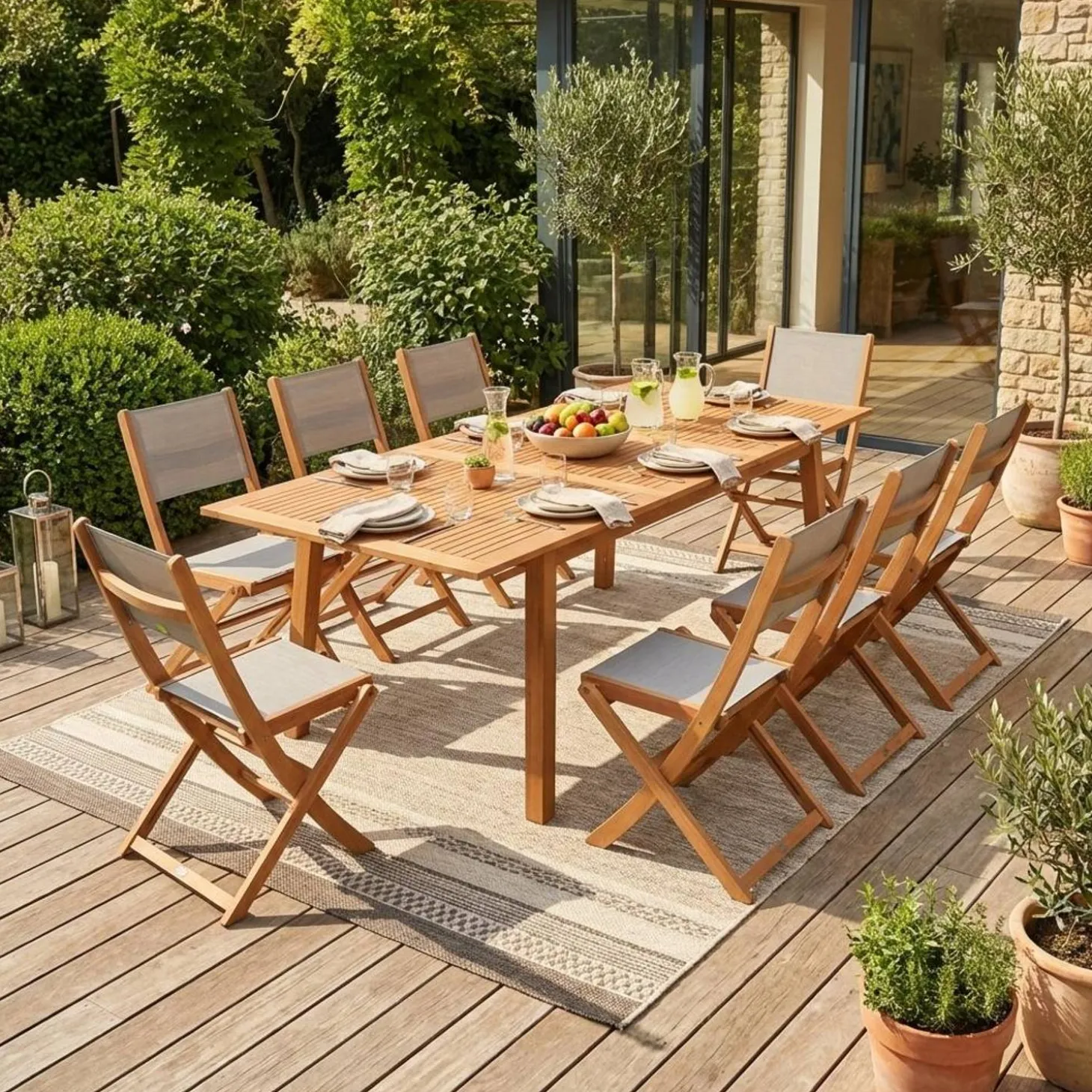 Conjunto de jardim com mesa extensível em madeira com 8 cadeiras