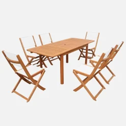 Conjunto de jardim com mesa extensível em madeira de eucalipto com 6 cadeiras
