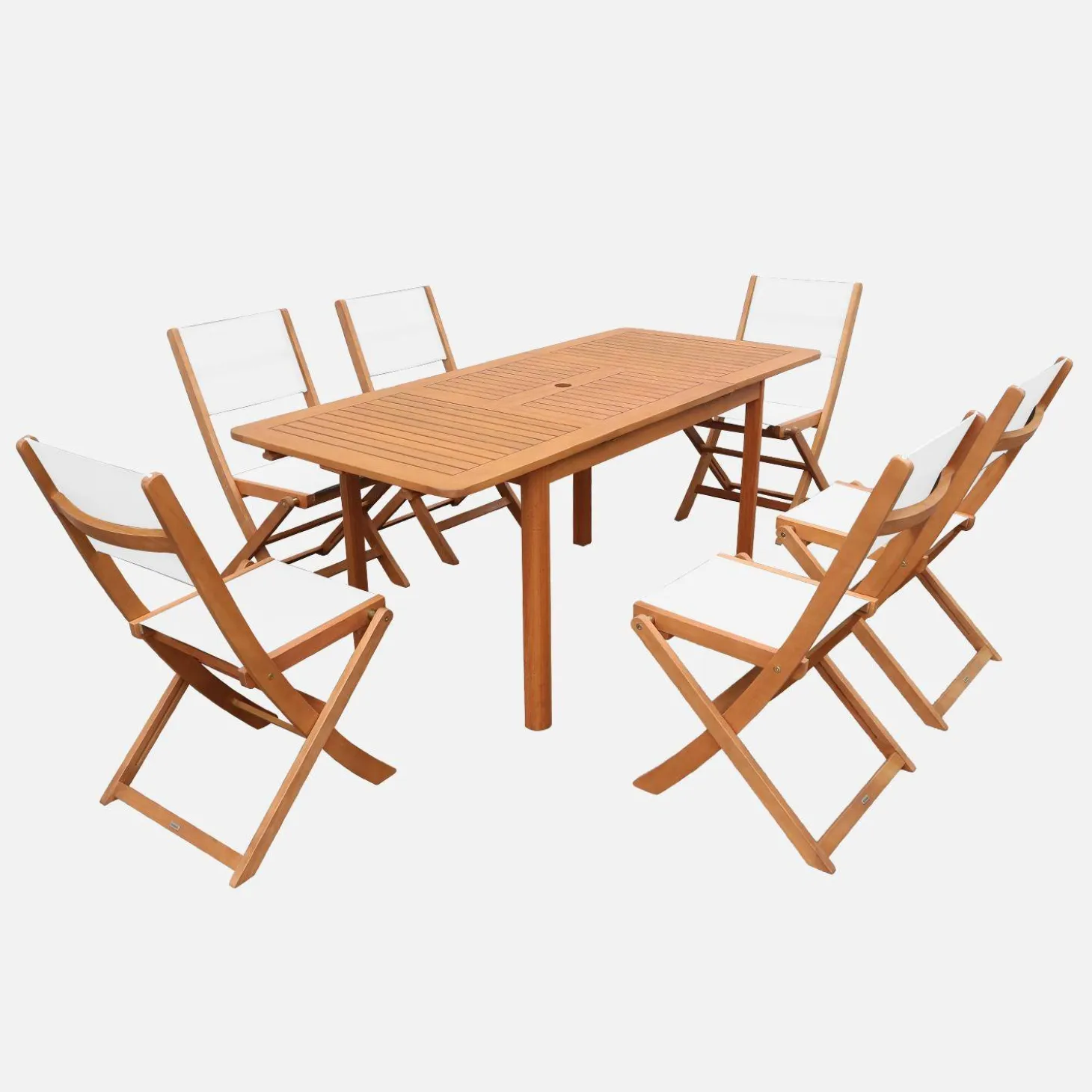 Conjunto de jardim com mesa extensível em madeira de eucalipto com 6 cadeiras