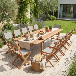 Conjunto de jardim com mesa extensível em madeira de eucalipto com 12 cadeiras