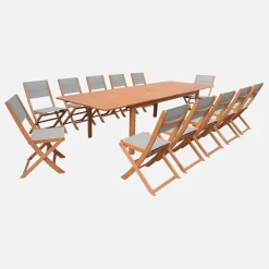 Conjunto de jardim com mesa extensível em madeira de eucalipto com 12 cadeiras