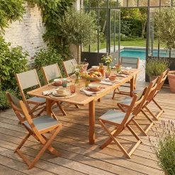 Conjunto de jardim com mesa extensível em madeira de eucalipto com 8 cadeiras