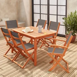 Conjunto de jardim com mesa extensível em madeira com 6 cadeiras