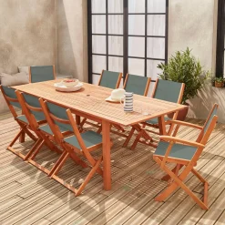Conjunto de jardim com mesa extensível em madeira com 8 cadeiras