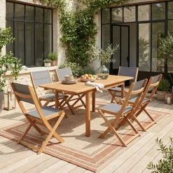 Conjunto de jardim com mesa extensível em madeira de eucalipto com 6 cadeiras