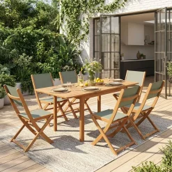 Conjunto de jardim com mesa extensível em madeira de eucalipto com 6 cadeiras