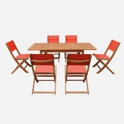 Conjunto de jardim com mesa extensível em madeira de eucalipto com 6 cadeiras