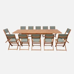 Conjunto de jardim com mesa extensível em madeira de eucalipto com 12 cadeiras