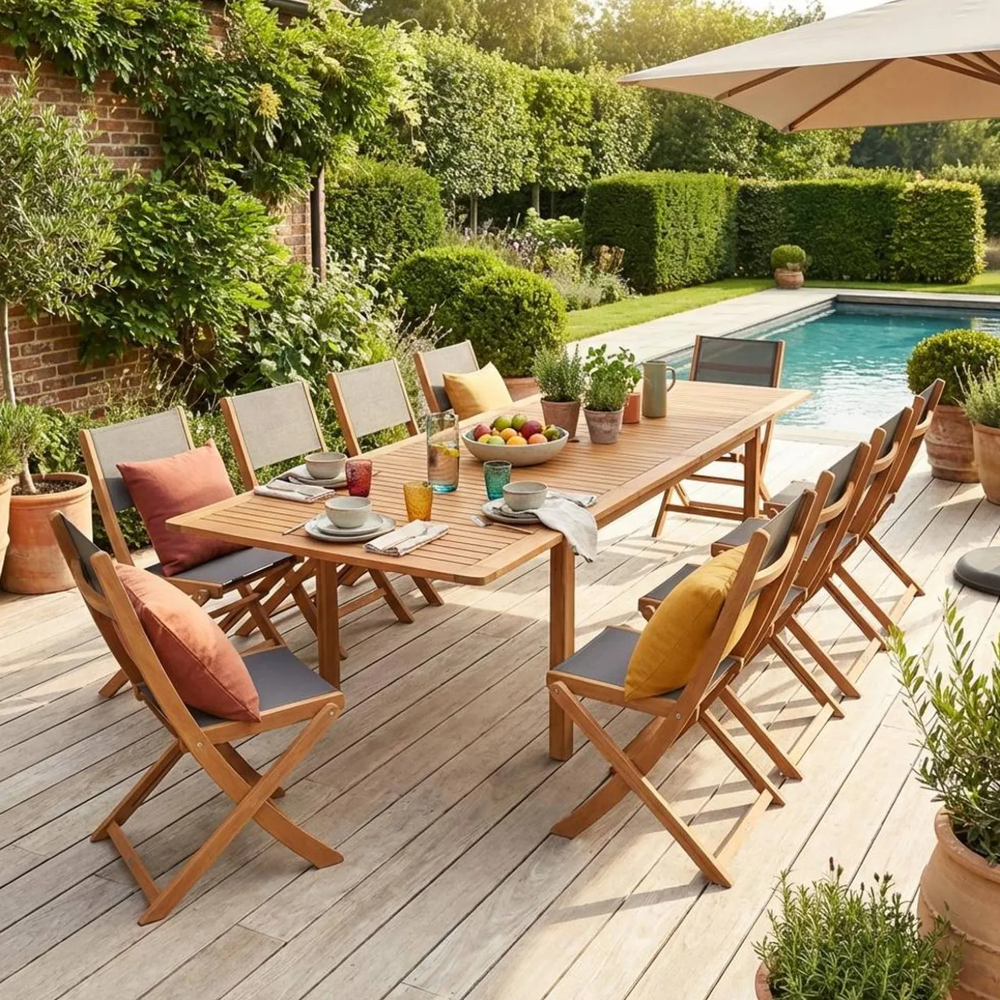 Conjunto de jardim com mesa extensível em madeira de eucalipto com 12 cadeiras
