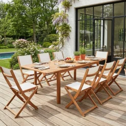 Conjunto de jardim com mesa extensível em madeira de eucalipto com 8 cadeiras