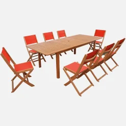 Conjunto de jardim com mesa extensível em madeira de eucalipto com 8 cadeiras