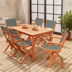 Conjunto de jardim com mesa extensível em madeira com 6 cadeiras