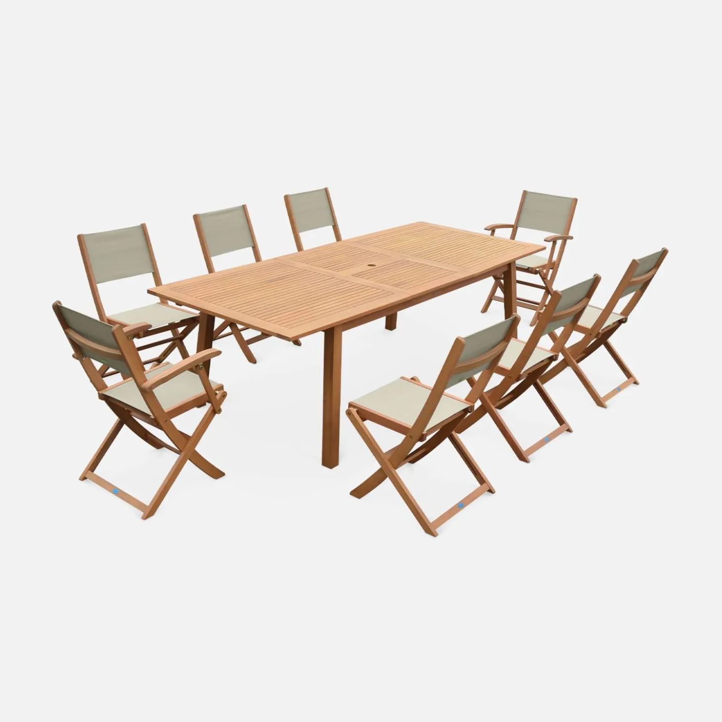 Conjunto de jardim com mesa extensível em madeira com 8 cadeiras