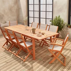 Conjunto de jardim com mesa extensível em madeira com 8 cadeiras