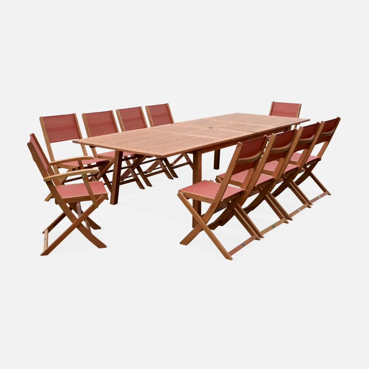 Conjunto de jardim com mesa extensível em madeira com 10 cadeiras