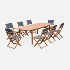 Conjunto de jardim com mesa extensível em madeira com 8 cadeiras
