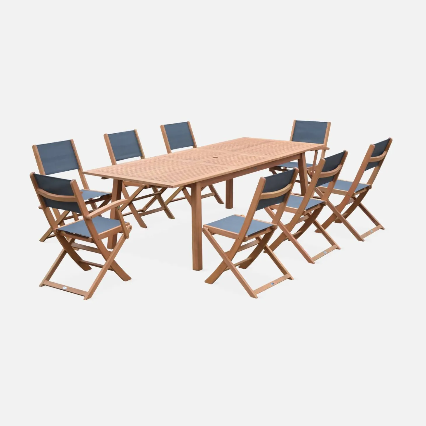 Conjunto de jardim com mesa extensível em madeira com 8 cadeiras