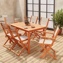 Conjunto de jardim com mesa extensível em madeira com 6 cadeiras