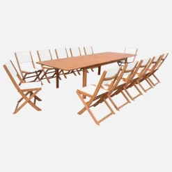 Conjunto de jardim com mesa extensível em madeira de eucalipto com 12 cadeiras