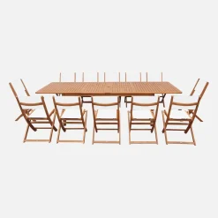 Conjunto de jardim com mesa extensível em madeira de eucalipto com 12 cadeiras