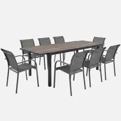Conjunto de jardim com mesa extensível em alumínio efeito madeira com 8 cadeiras