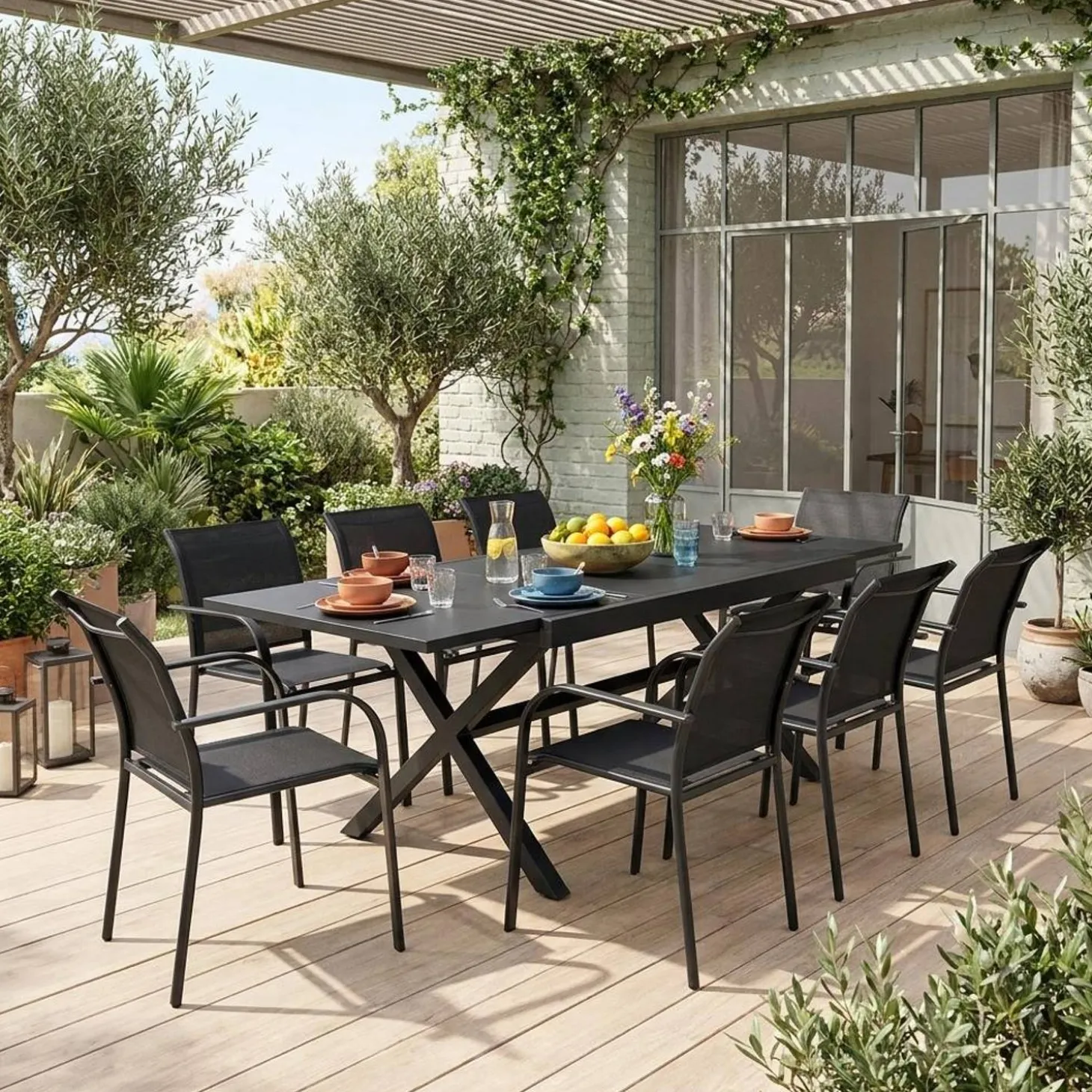 Conjunto de jardim com mesa extensível em alumínio com 8 cadeiras