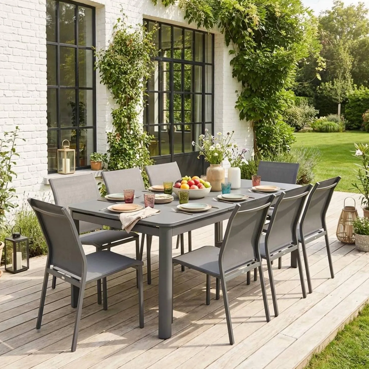 Conjunto de jardim com mesa extensível em alumínio com 8 cadeiras