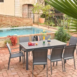 Conjunto de jardim com mesa extensível de alumínio com 6 cadeiras e 2 poltronas