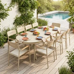 Conjunto de jardim com mesa oval extensível em alumínio com 10 cadeiras