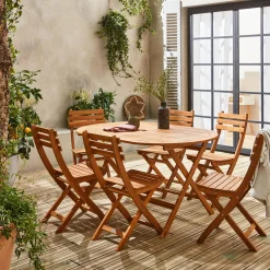 Conjunto de jardim com mesa oval dobrável em madeira com 6 cadeiras
