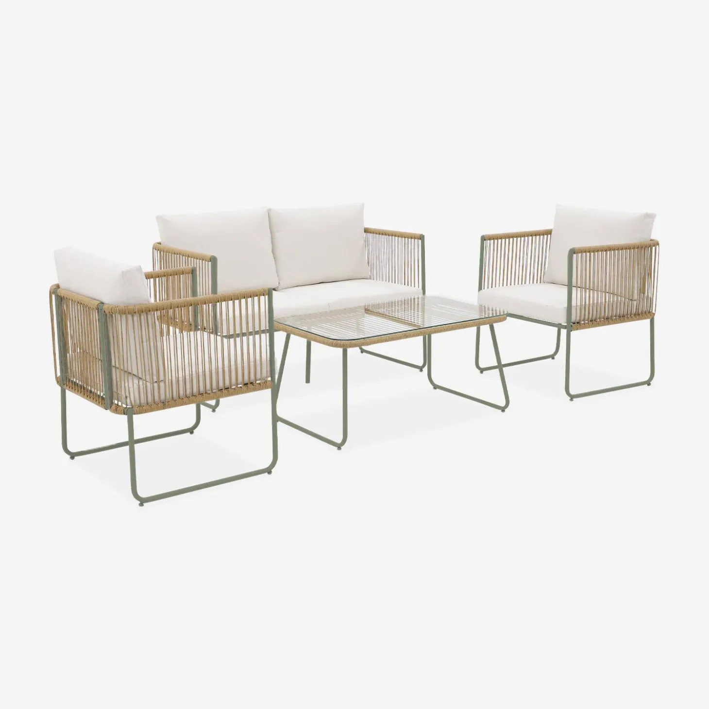 Conjunto de jardim com sofá em corda e aço galvanizado, 4 lugares