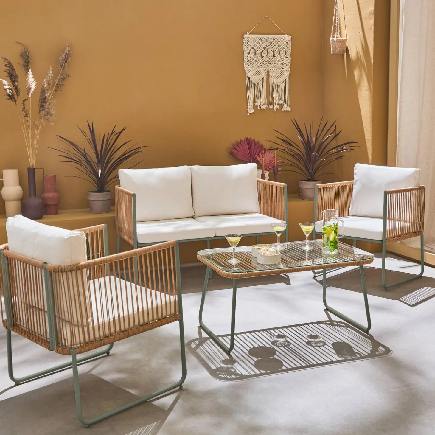 Conjunto de jardim com sofá em corda e aço galvanizado, 4 lugares