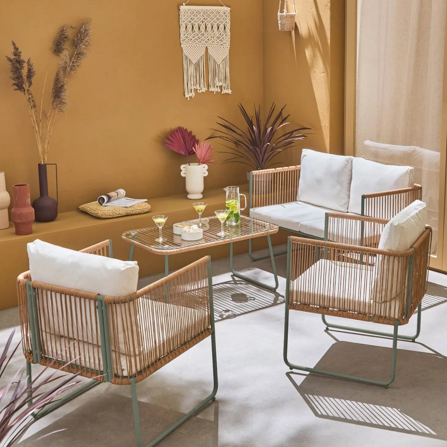 Conjunto de jardim com sofá em corda e aço galvanizado, 4 lugares
