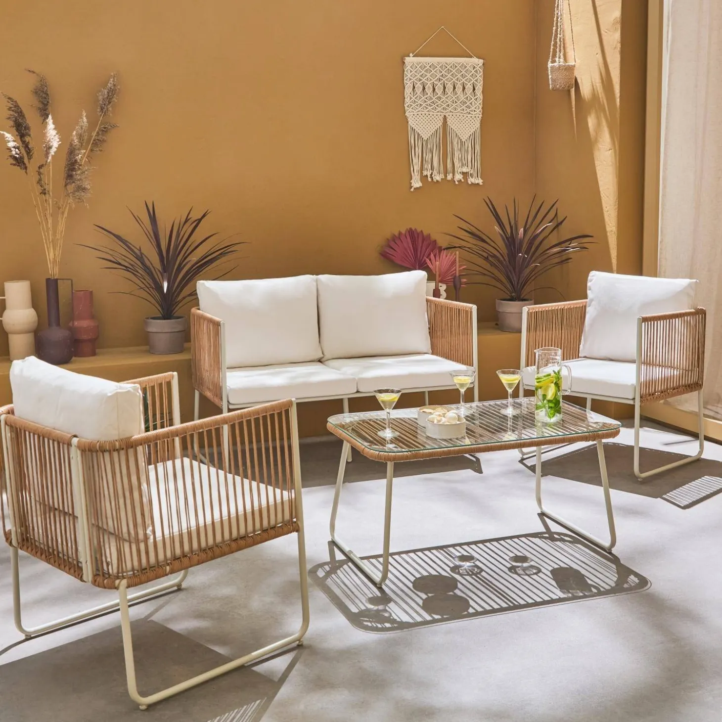 Conjunto de jardim com sofá em corda e aço galvanizado, 4 lugares